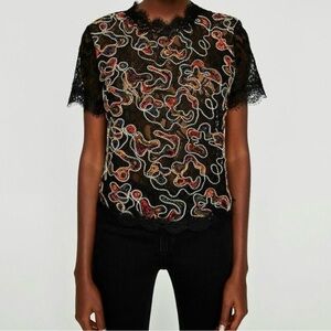 Zara Trafaluc Colorful Abstract Embroidered Black Lace Artsy Crop Top, Size S